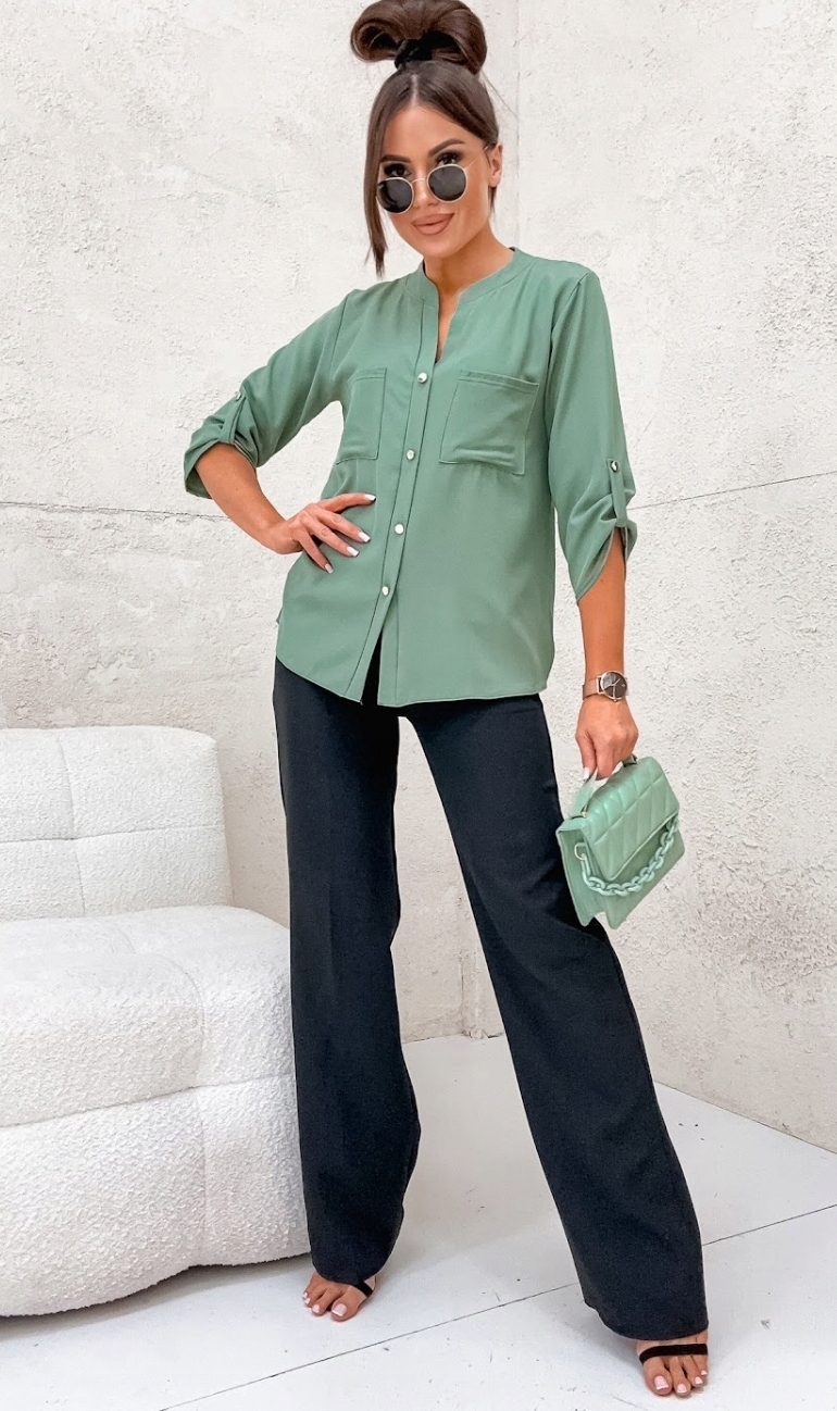 DAMSKA ELEGANCKA BLUZKA KOSZULA LUŹNA OZDOBNE GUZIKI PL PRODUCENT KHAKI L Marka inna