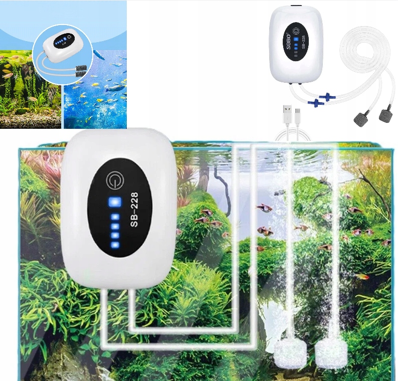 Levně Přenosné Akváriové Vzduchové Čerpadlo Aerátor 2W Dvojité Zásuvky Usb 4800 Mah Baterie