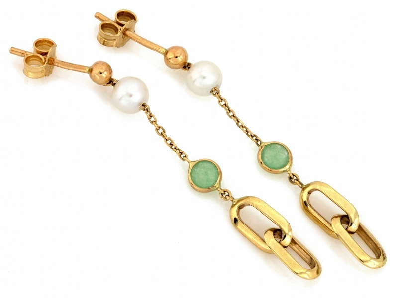 Náušnice zlaté Au 585 olivín a syntetická perla KL12746