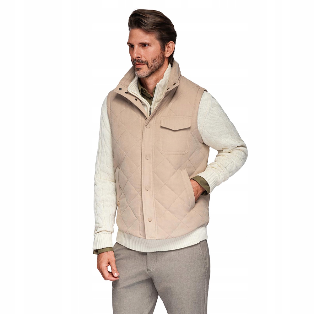 Prošívaná pánská vesta s efektem broskvové kůže béžová V1 OM-JAVJ-0277 S/m