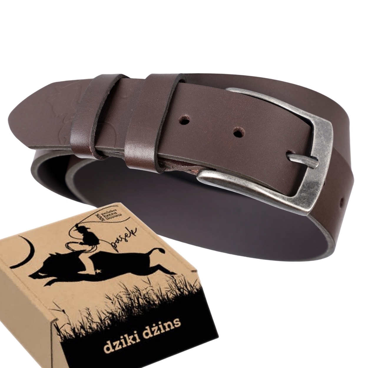 Dziki DżINS szeroki pasek skórzany męski 95 cm brązowy skóra licowa