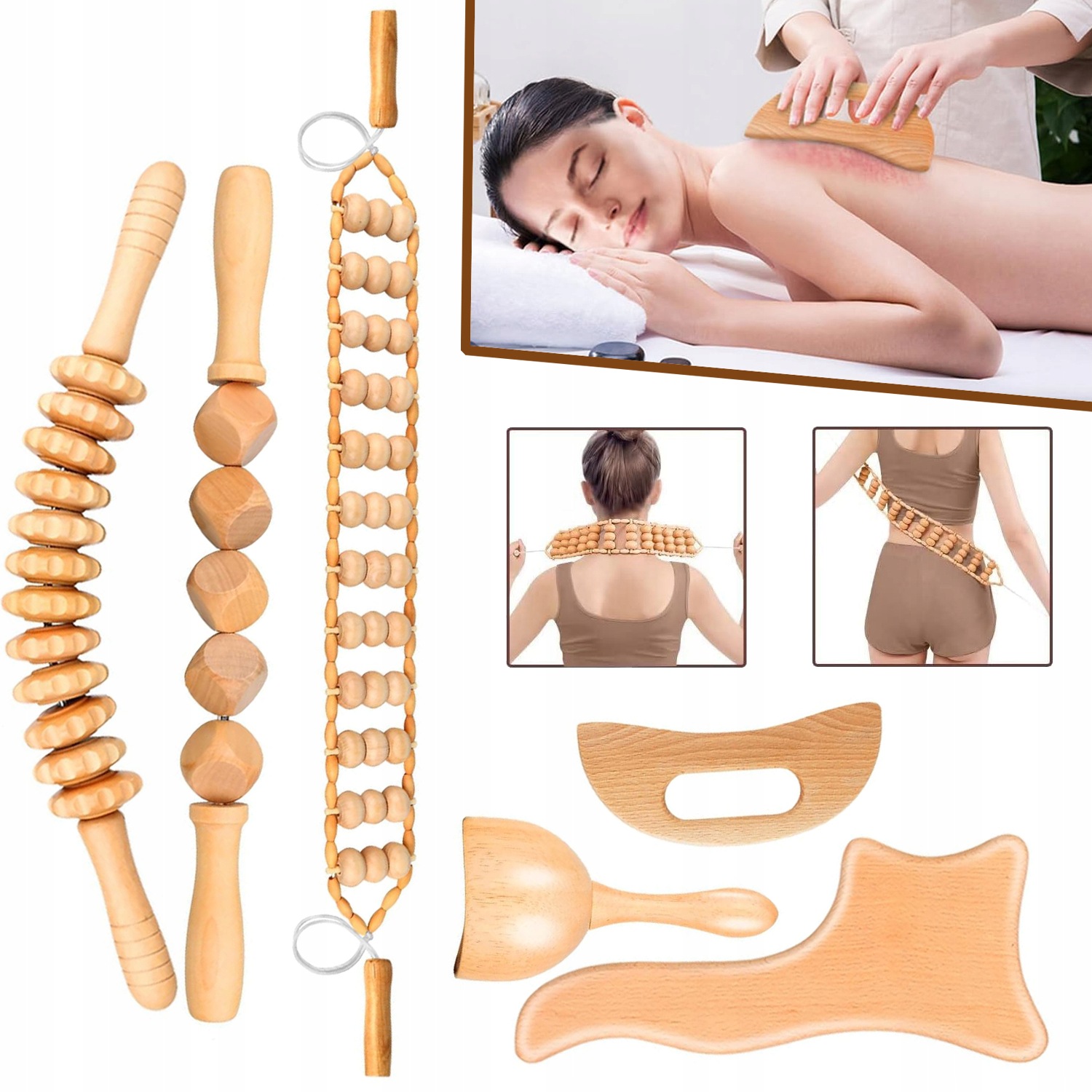 Zestaw Masażer Drewniany 6W1 Z Rollerem I Gua Sha Do Masażu Ciała I Relaksu