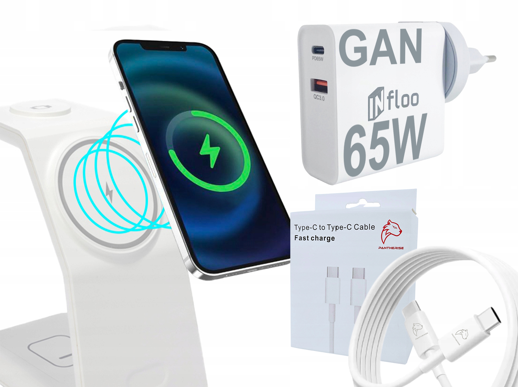 Zestaw Do Ładowania Ładowarka indukcyjna 3w1 Zasilacz 65W Kabel 1m