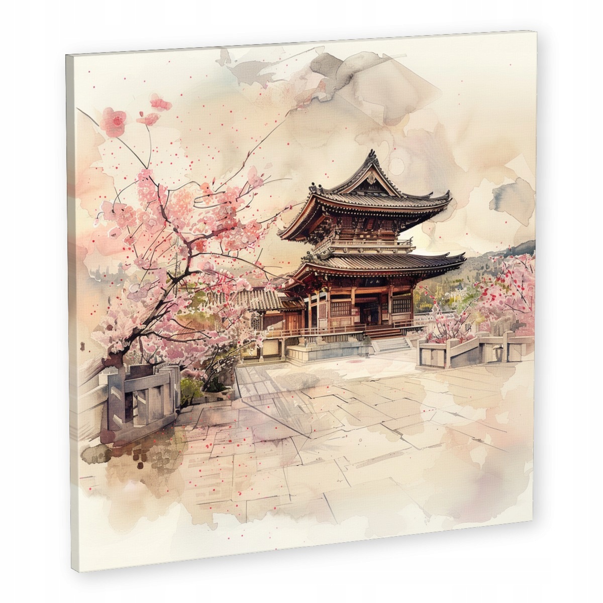 Obraz Na Plátně Japonský Chrám S Višeň Třešně, Akvarel 60x60