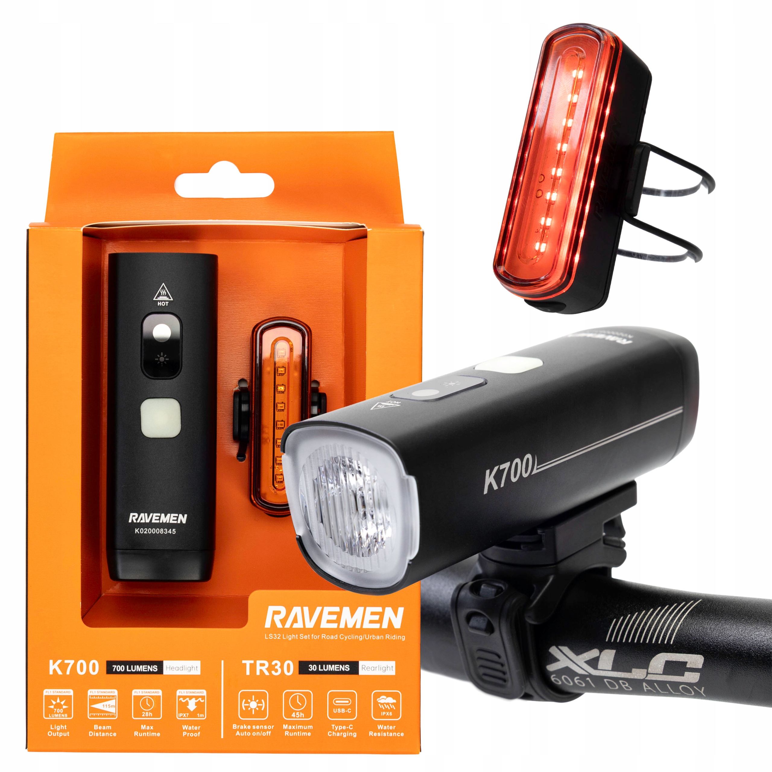 Přední zadní světlo na kolo LS32 Ravemen K700 Ai TR30 700 lm 30 lm Usb-c