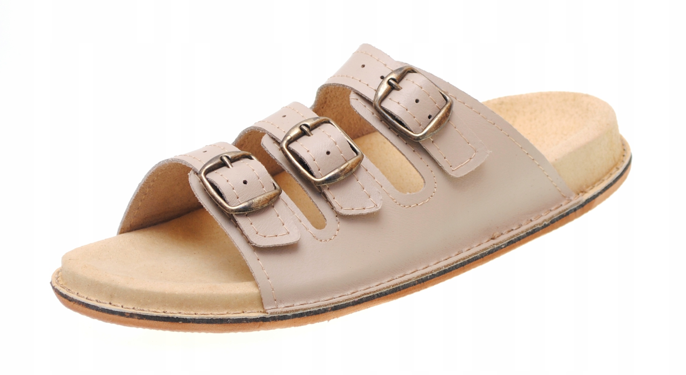 

Klapki skórzane Fusbet, Trzy Paski, Beżowe 38