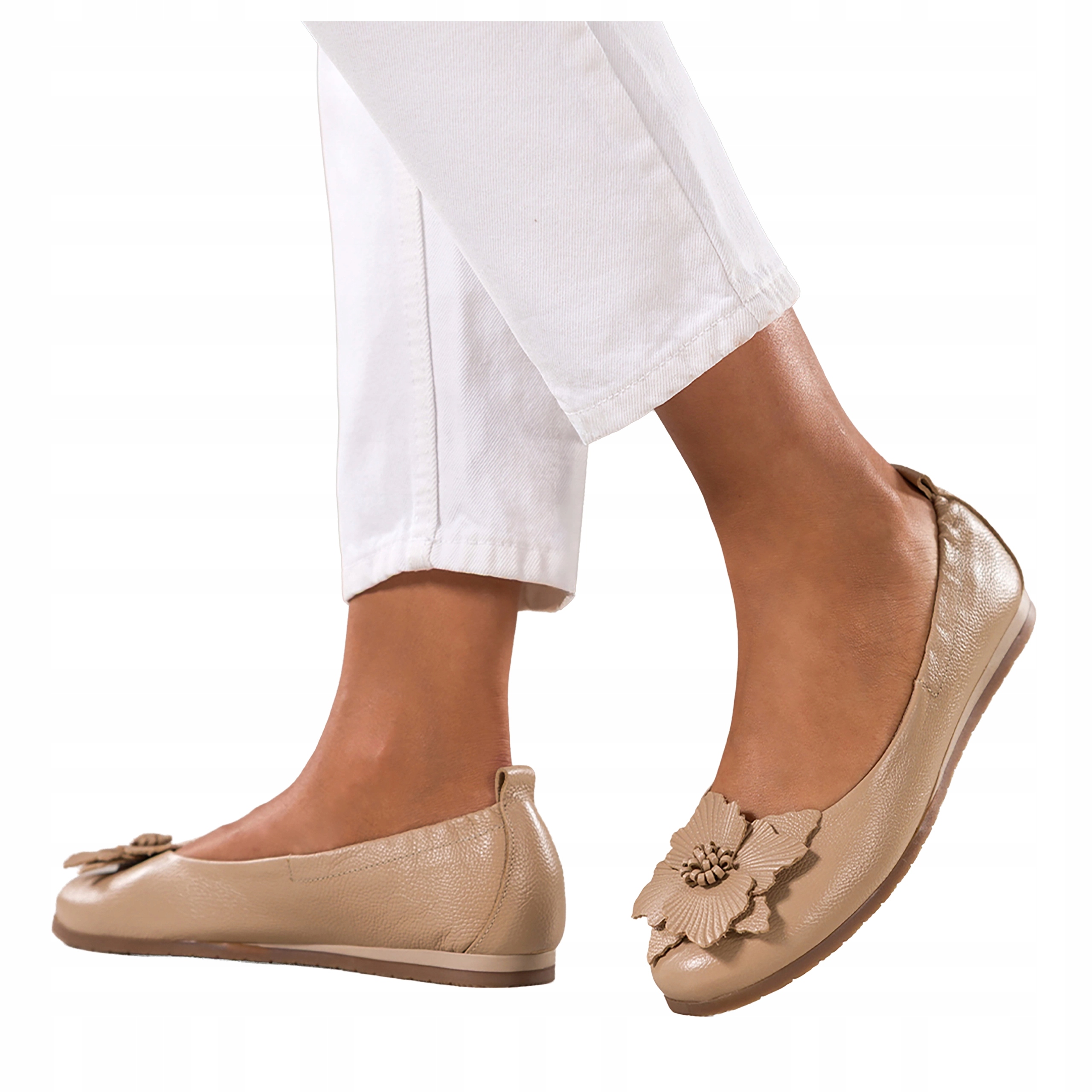 Béžové Baleríny Dámské Pohodlné S Květem Ploché Kožené Polské vel. 36