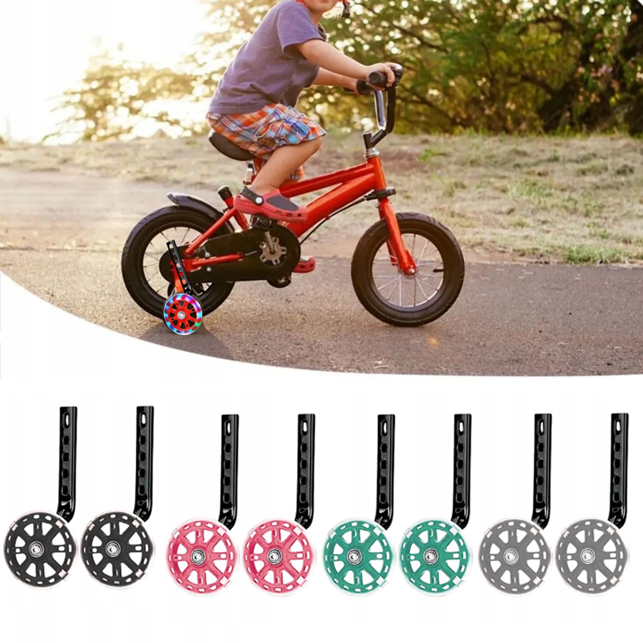 KÓŁKA BOCZNE LED DO ROWERU KOŁA PODPOROWE+ PROWADNIK DO ROWERKA DZIECIĘCEGO Stan opakowania oryginalne