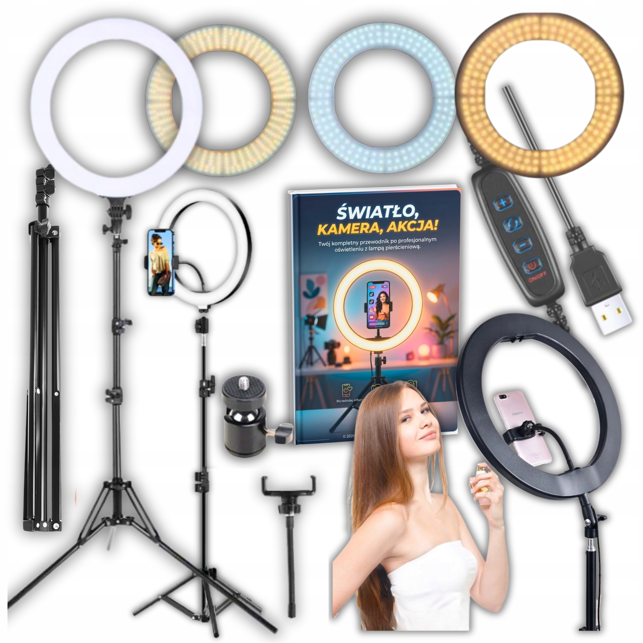 LAMPA PIERŚCIENIOWA RING LED 32cm USB ŚCIEMNIACZ + 2 inne produkty