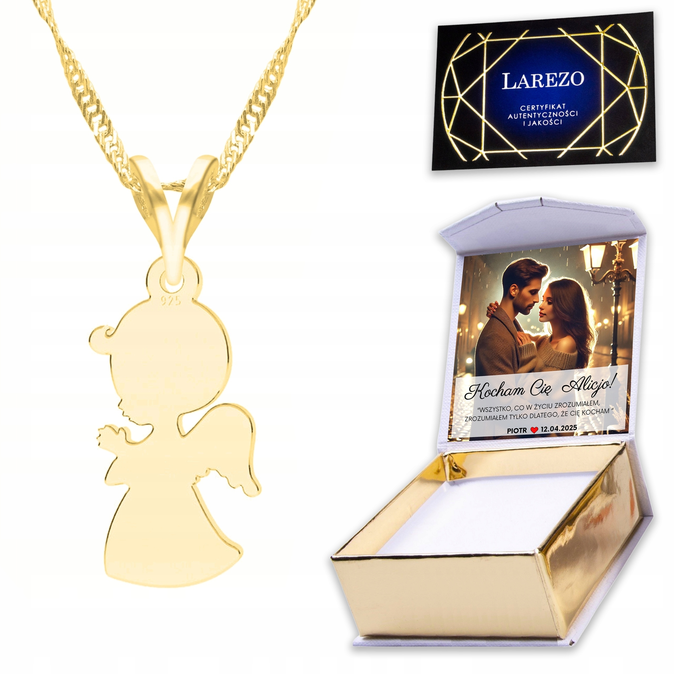 Zlatý náhrdelník 925 s andělem a křídlem Anděl strážný Potisk