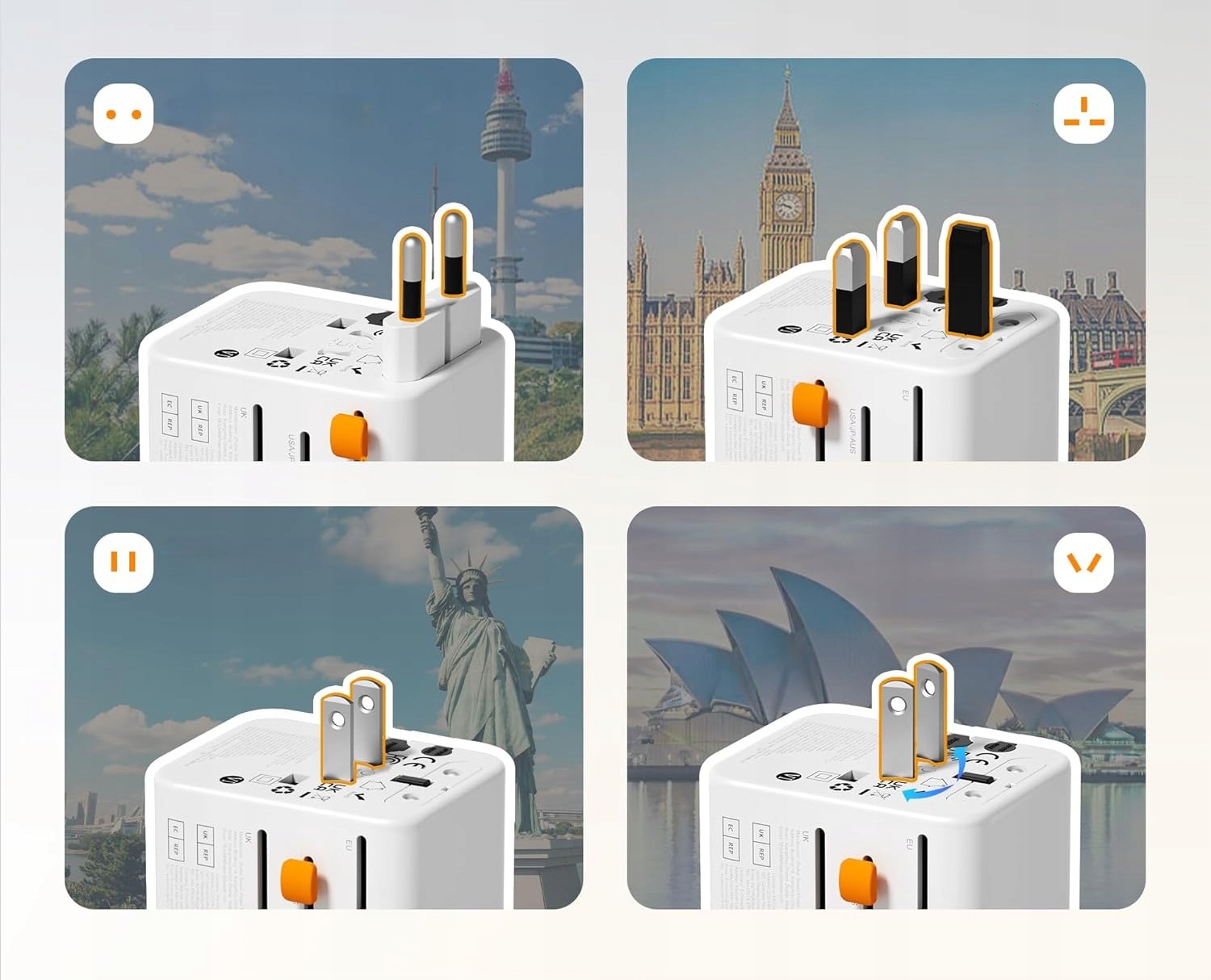 TESSAN Adapter Podróżny USB C 2500W Uniwersalny do USA UK Japonii Australii — miniatura 3