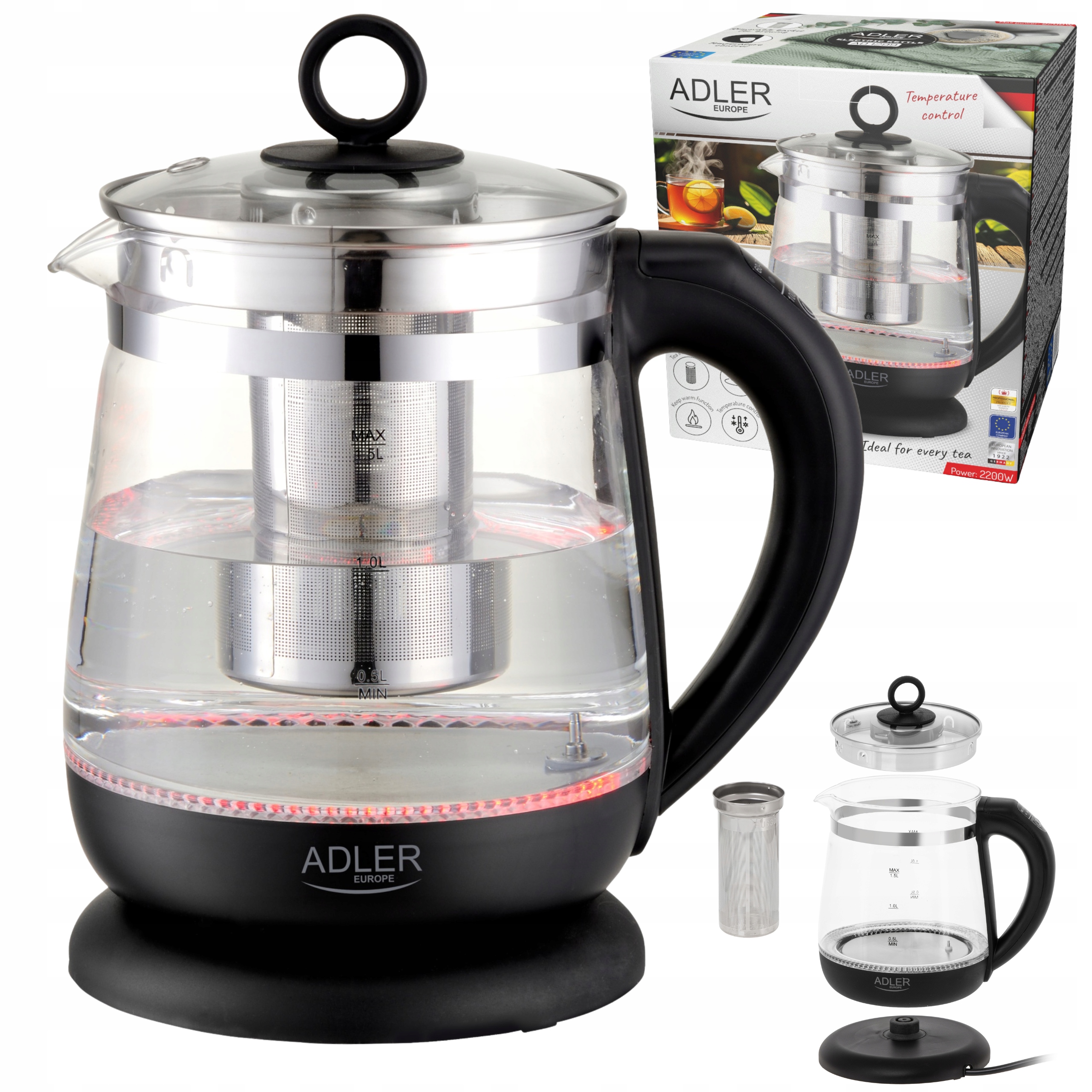 Skleněná elektrická konvice s regulací teploty a podsvícením 1,5 l