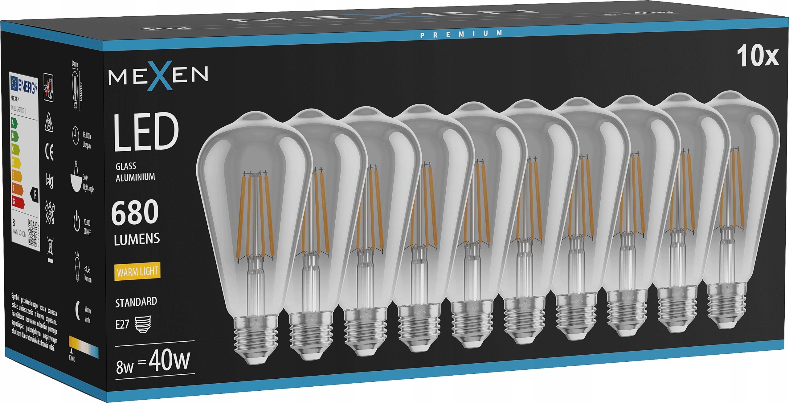 Mexen Vintis 10× Led žárovka E27 ST64 8 W, 2700 K, kouřová, 140 × 64 mm
