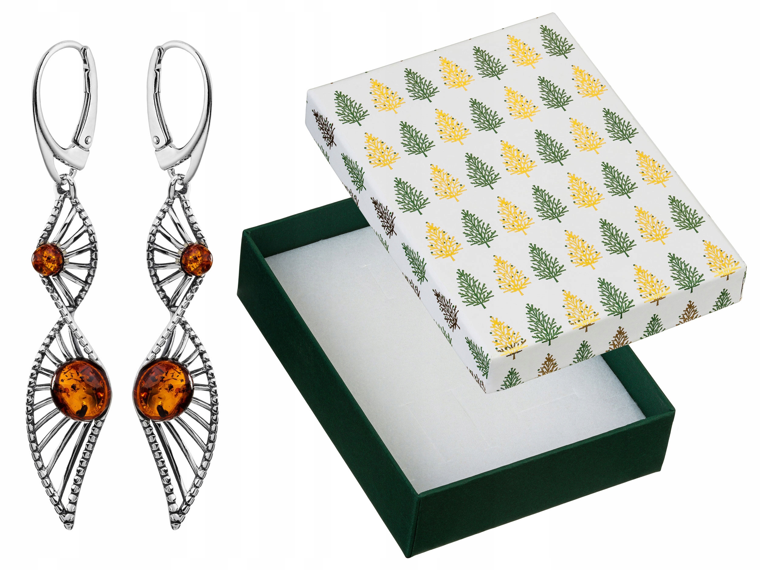 Stříbrné Náušnice Závěsné dlouhé spirály s jantarem Anglické zapínání