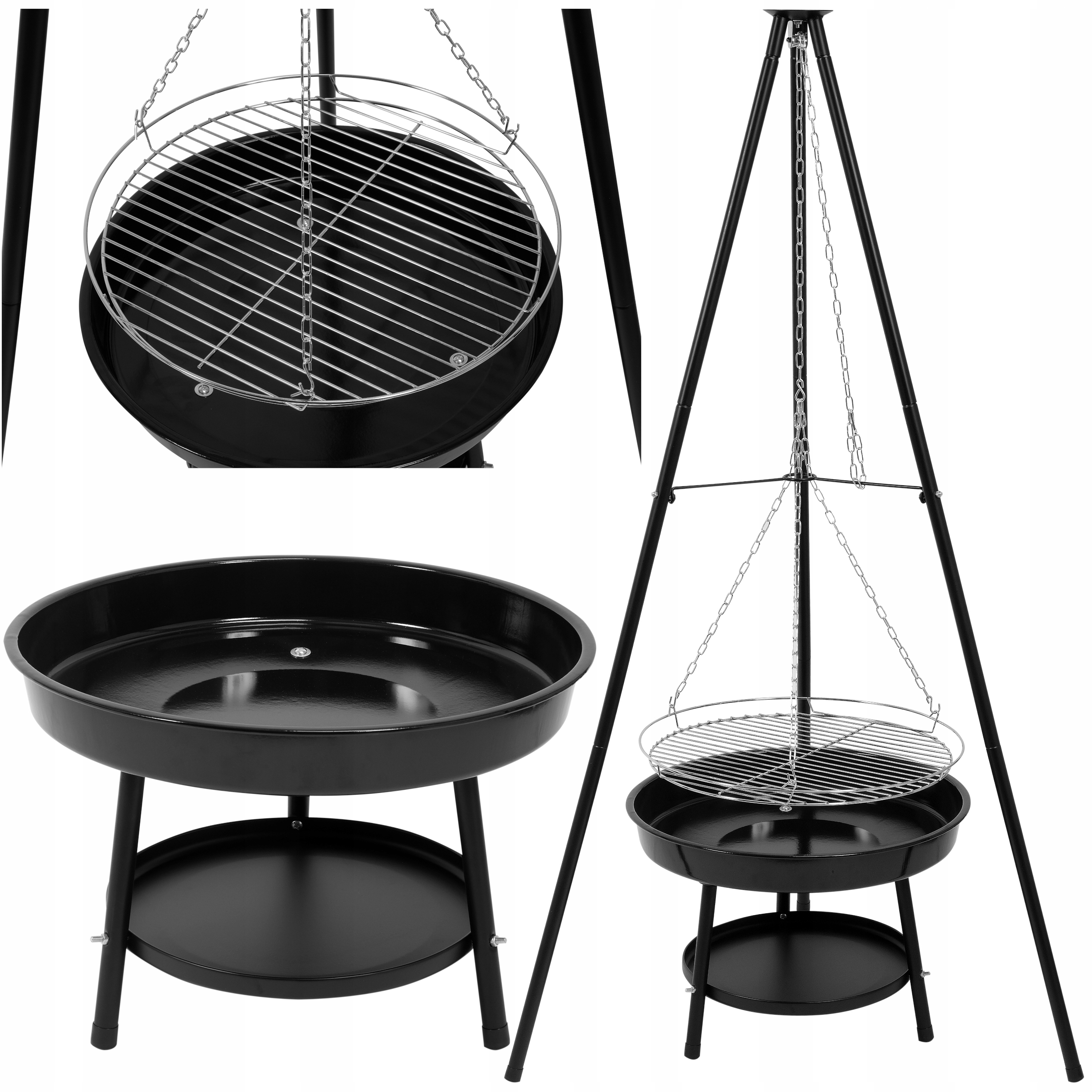 Grill Wiszący Stalowe Palenisko Ruszt 46 CM Ogniskowy Trójnóg Lund