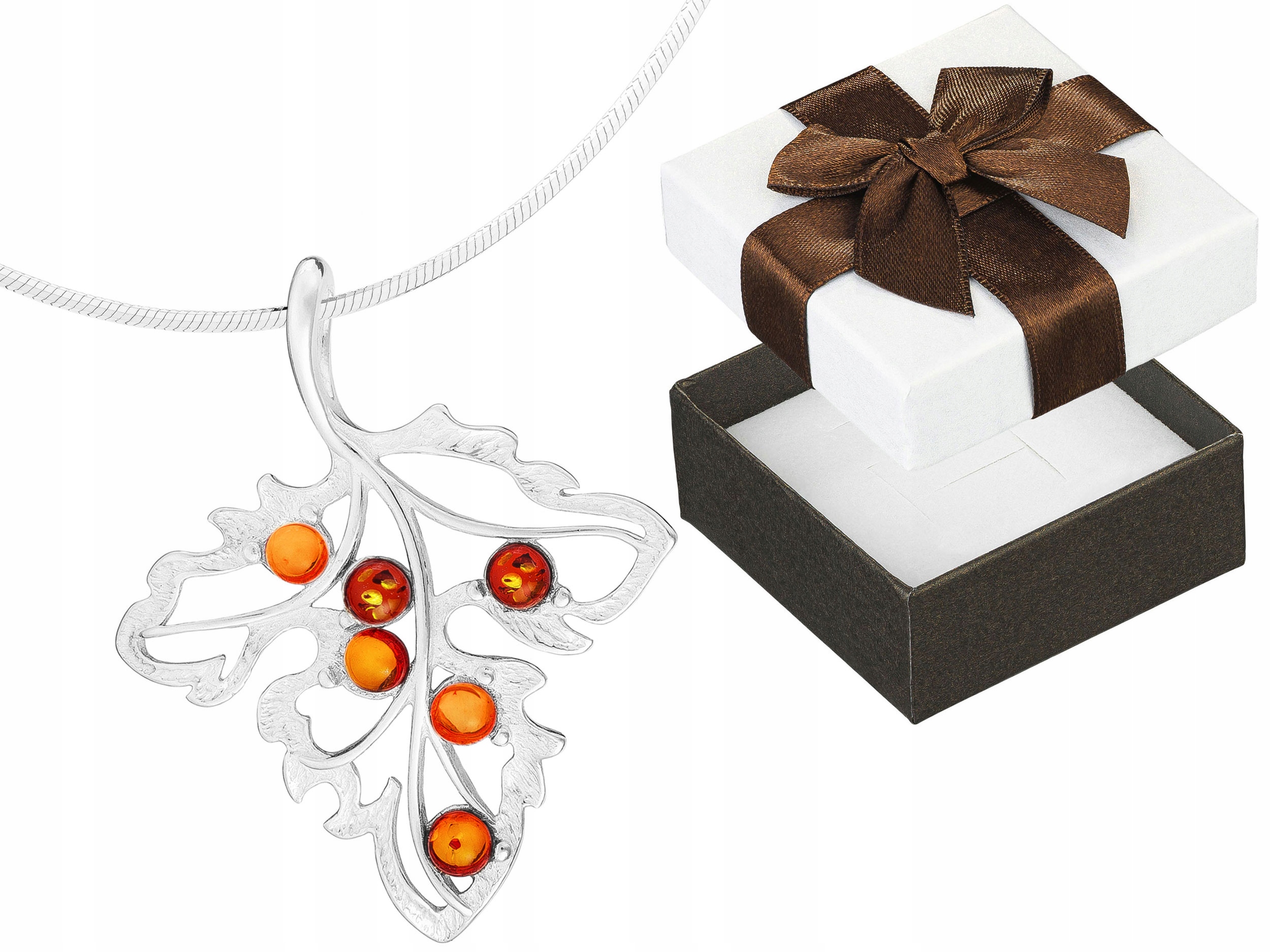 Krátký Stříbrný Dámský Ažurový Náhrdelník List s Jantarem Lístek Choker 30