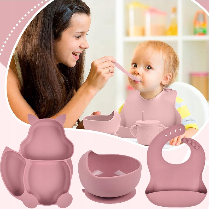 NACZYNIA SILIKONOWE DLA DZIECI WIEWIÓRKA ZESTAW 9 ELEM. CIEMNY RÓŻOWY