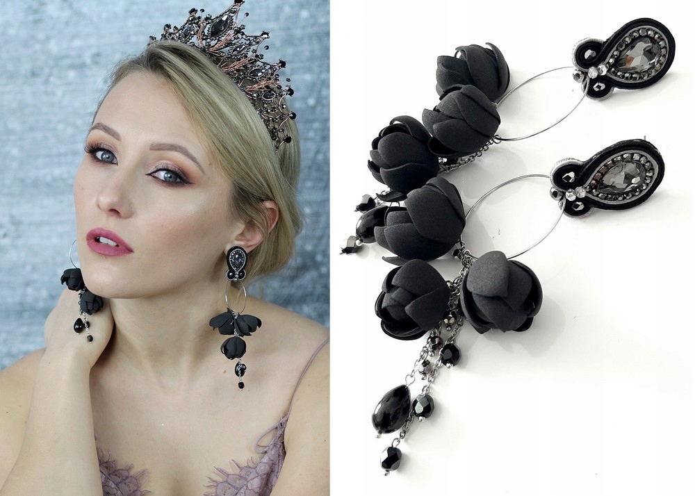 

Kolczyki Sutasz Czarne Kwiatki Koła Kółka Srebrne