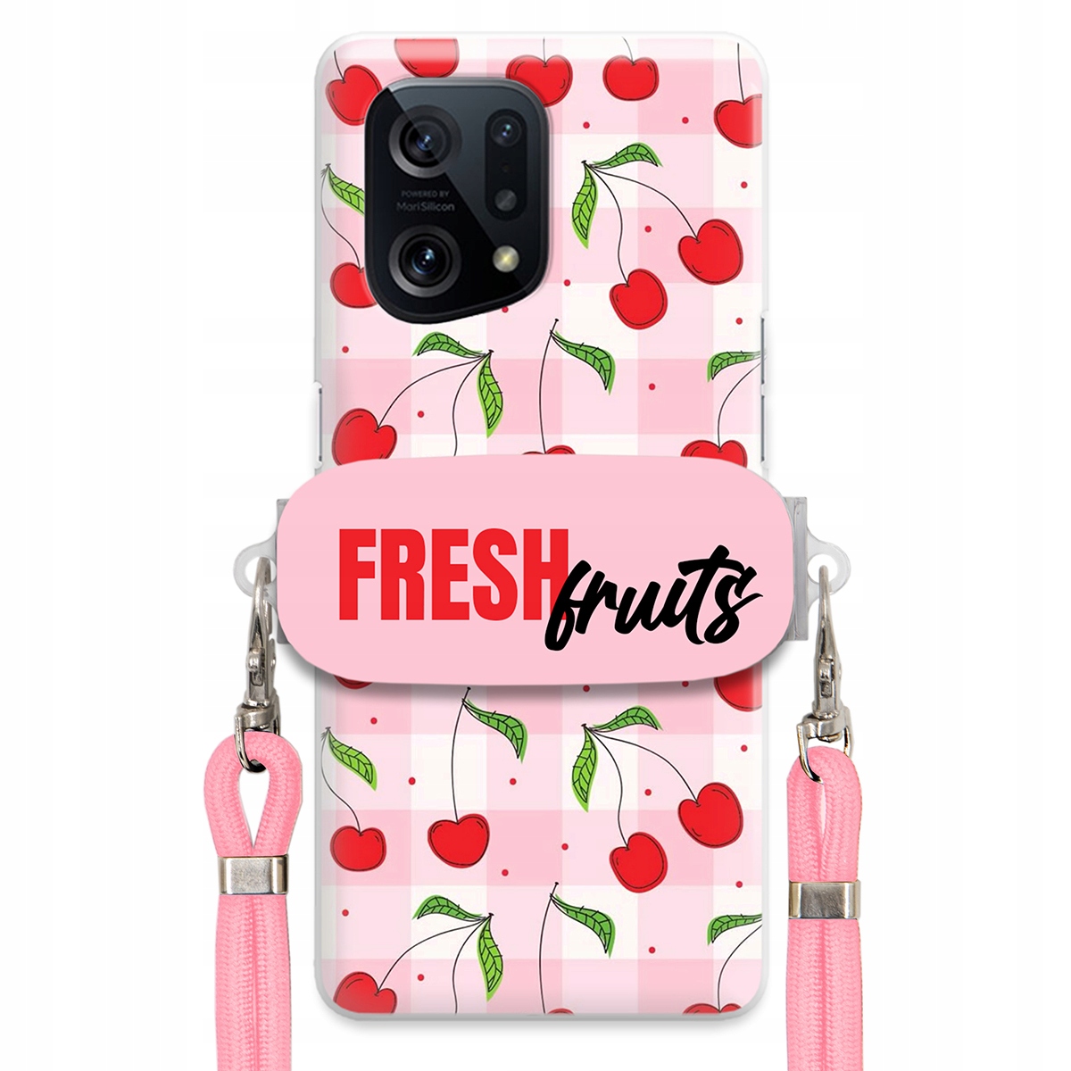 Pouzdro pro Oppo Find X5 Case Držák Šňůrka Růžová Fresh Fruits Mřížka Ovoce
