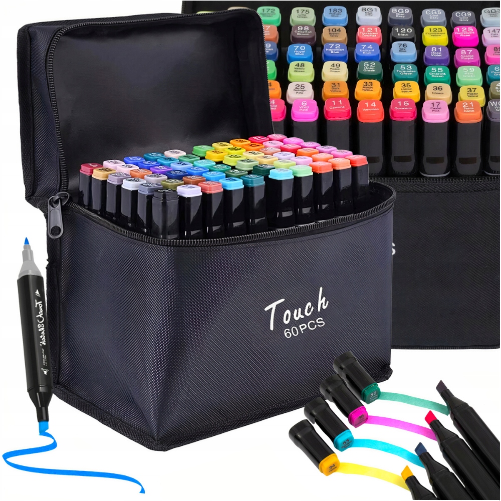 MARKERY ALKOHOLOWE 60 SZT Flamastry Mazaki Pisaki Dwustronne Pro + TORBA Marka Memfis