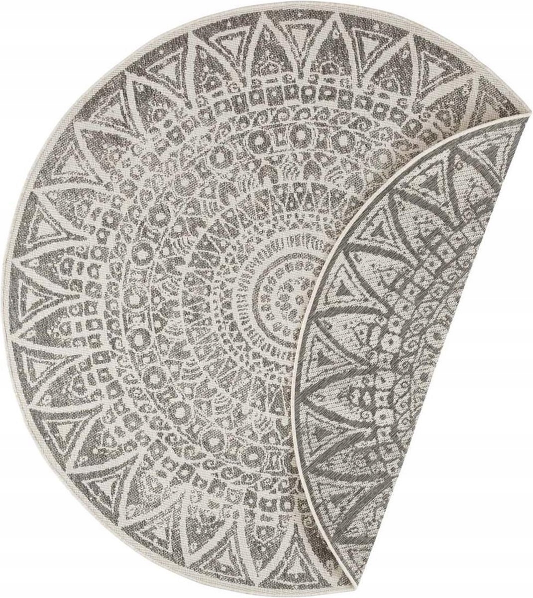 Kruhový koberec na terasu 200 cm, obojstranný, šnúrkový, šedo-krémový, plochý