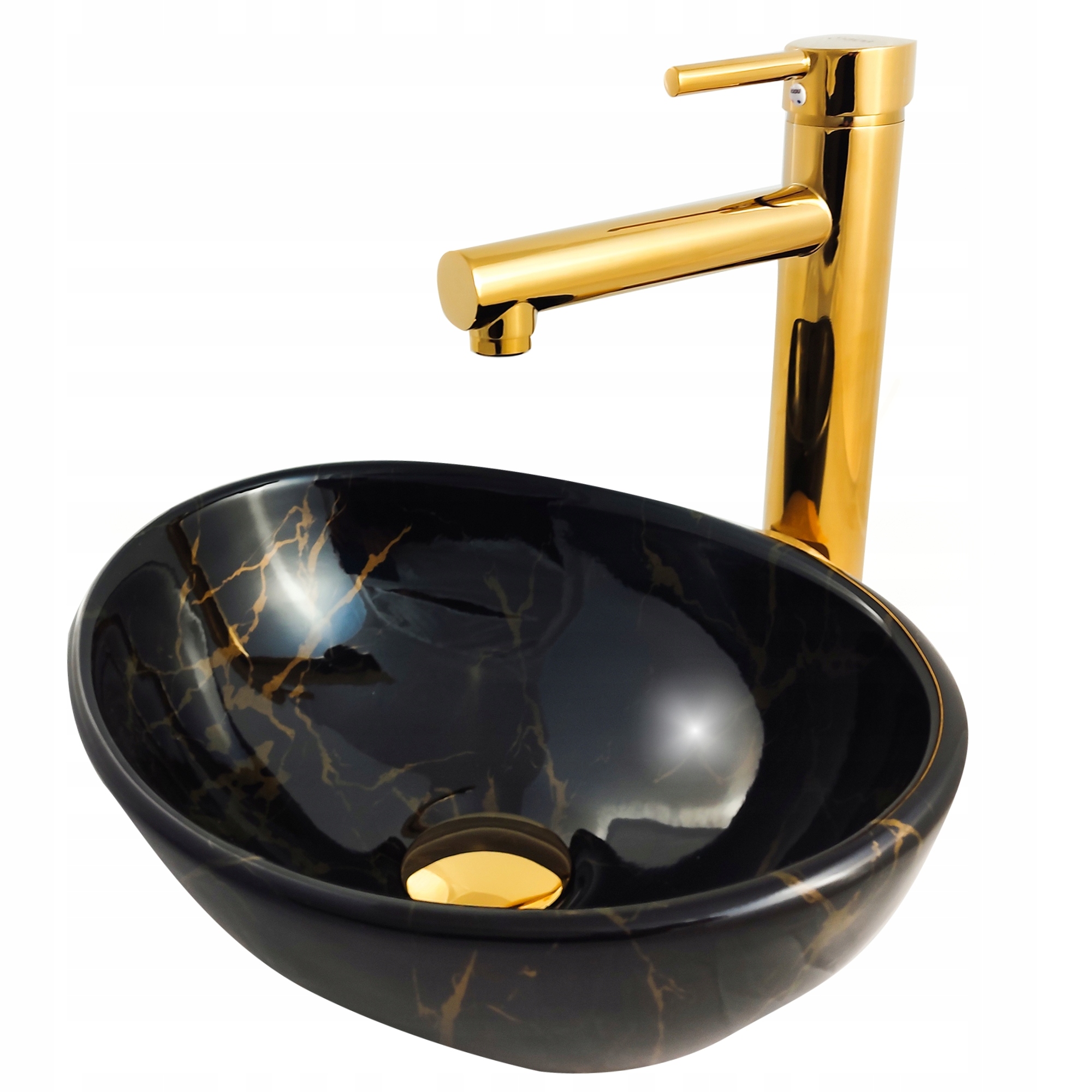 Umywalka nablatowa marmur Czarna Złota owalna 34x27x12 ceramiczna gold