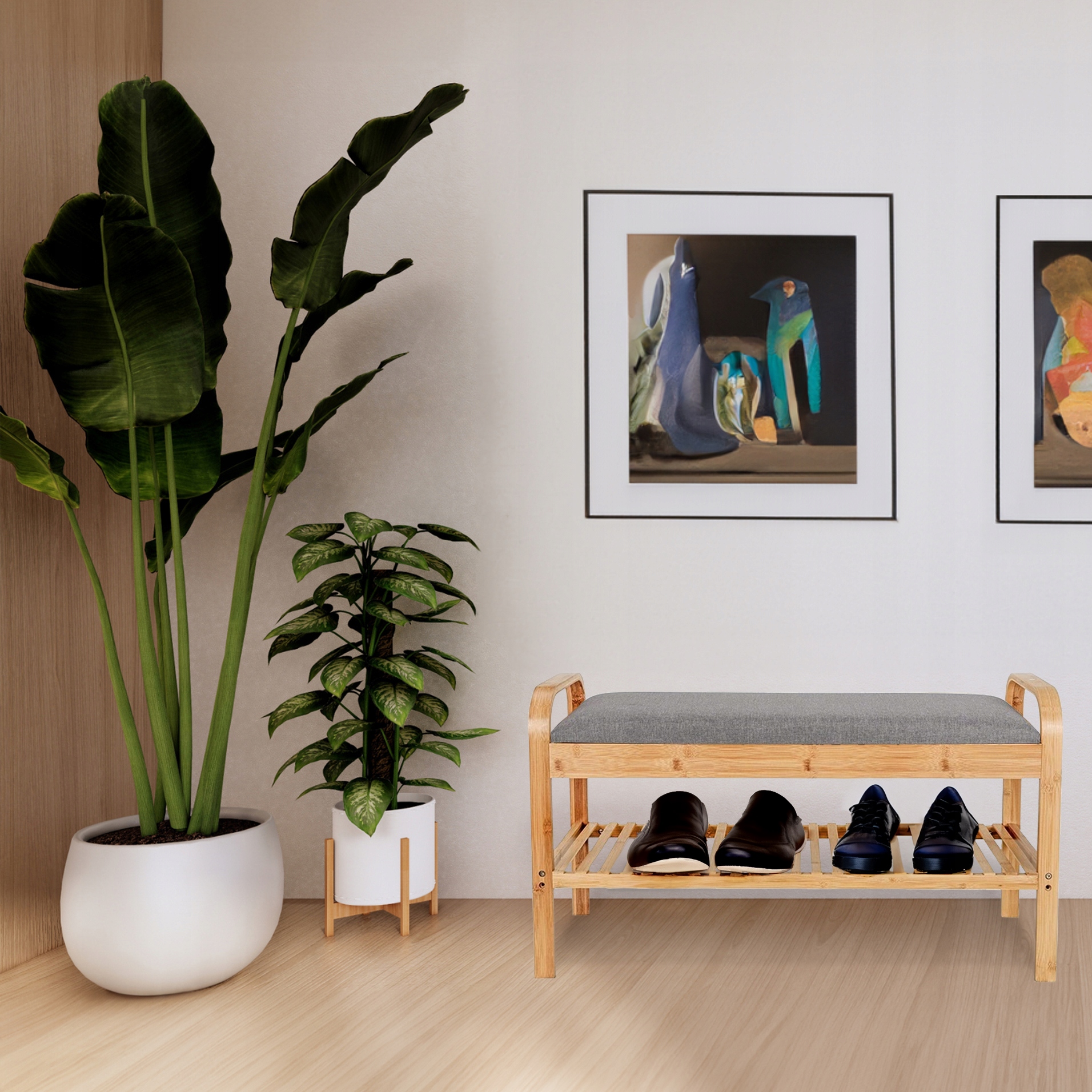 Półka na Buty Szafka Stojak Regał z Siedziskiem Bambusowa 90x55x33 Szara Głębokość mebla 30 cm