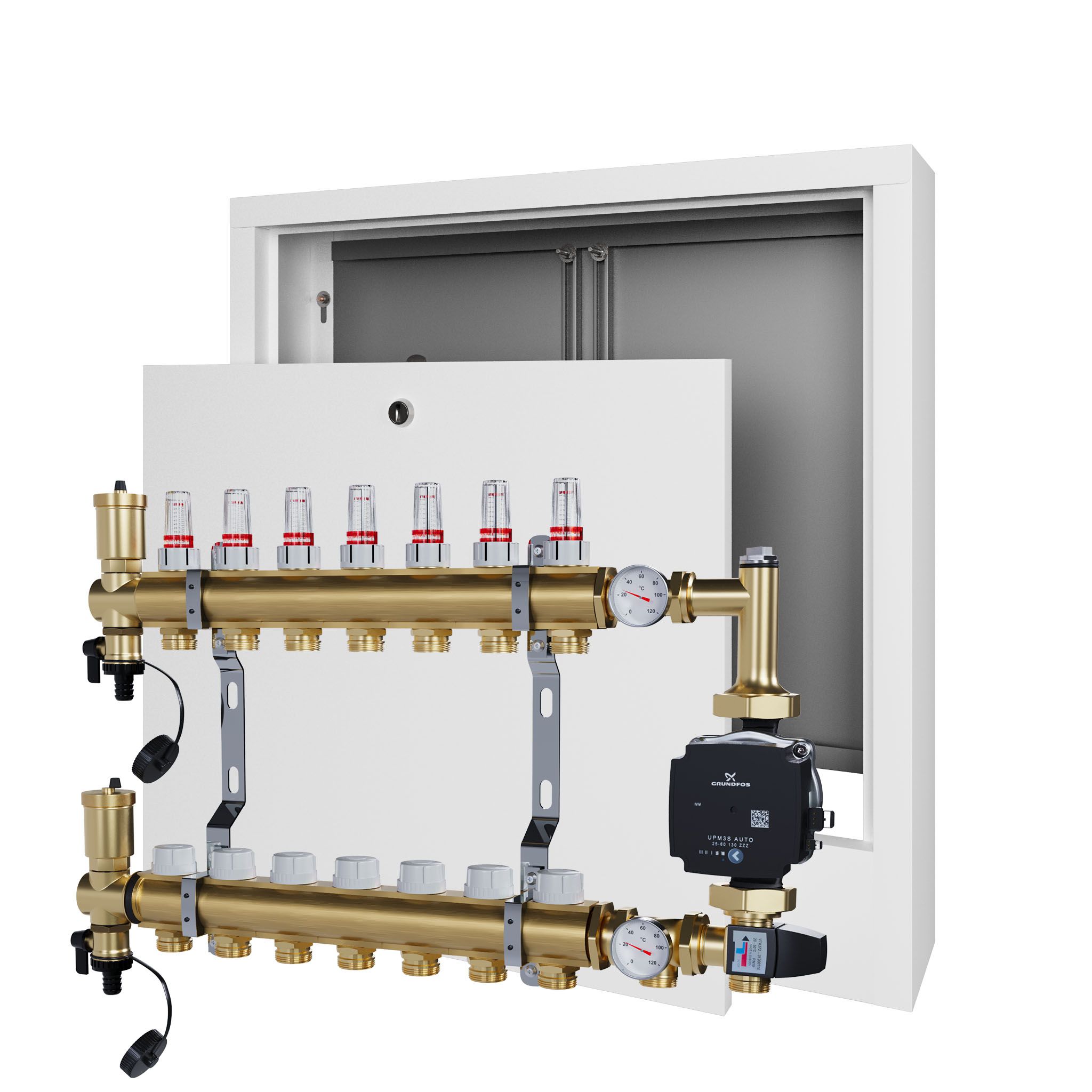 Rozdělovač pro podlahu 7 s čerpací skupinou Grundfos nástěnná skříňka