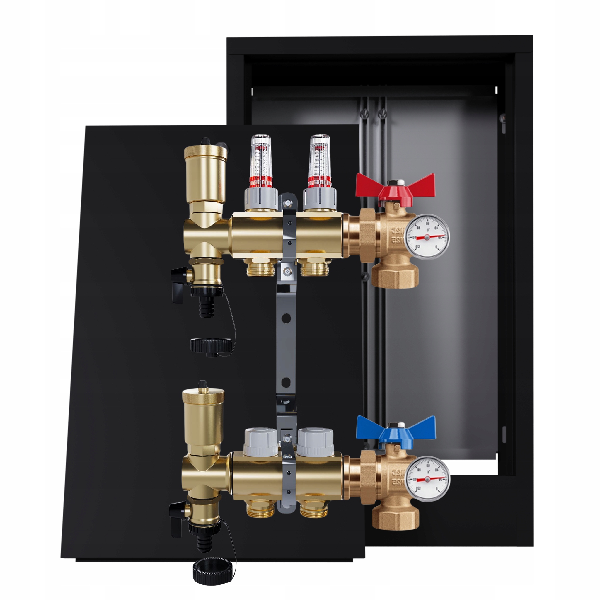 Rozdělovač Pro Podlahovku 2 Okruhy Ventily Nástěnná Skříňka Černá