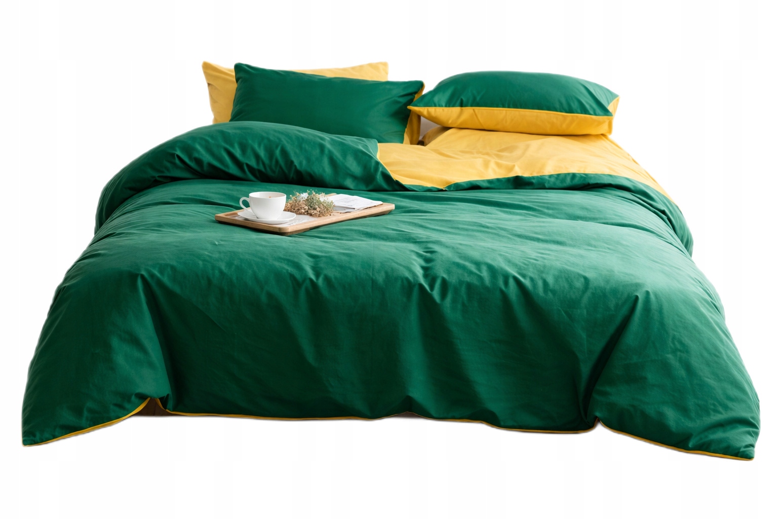 Dwustronna Pościel Bawełna 200X220+2 Poszewki+prześcieradło Zieleń Żółty