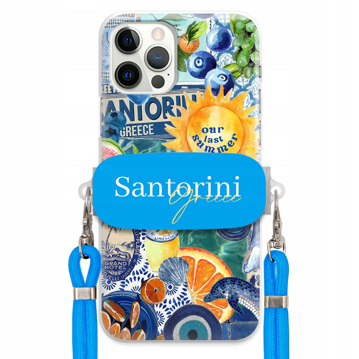 Puzdro pre iPHONE 12 Pro Modré vodítko Crossbody držiak Santorini Greece