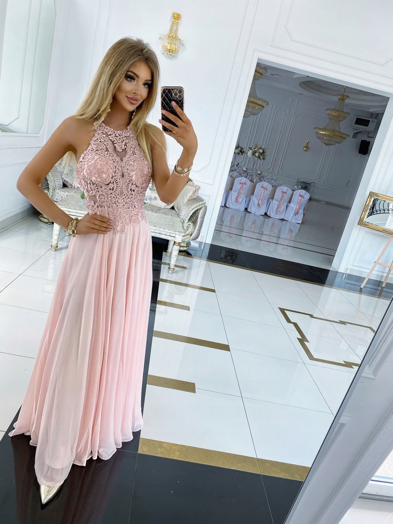 PUDROWA DŁUGA SUKIENKA z z cyrkoniami ślub M Rozmiar 38