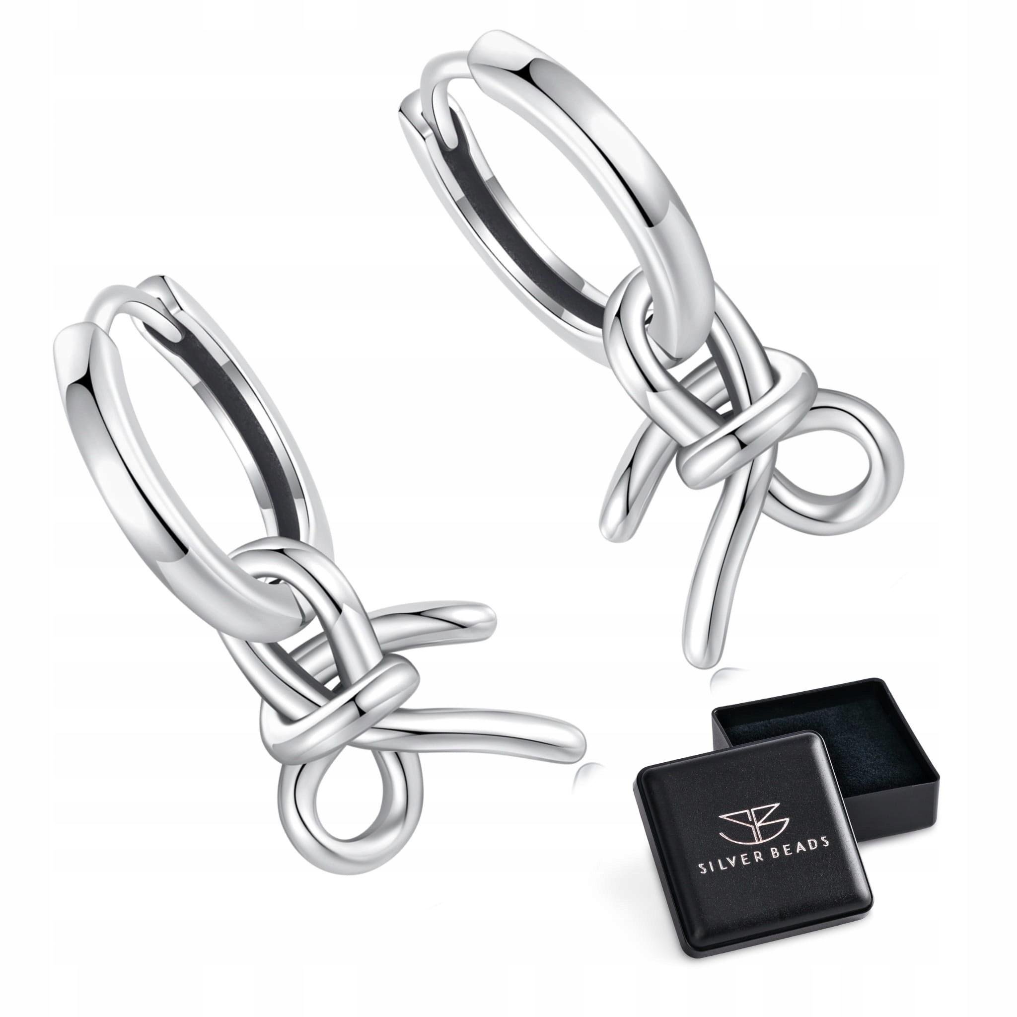 K1048 Srebrne koła kolczyki z wiszącymi kokardkami zatrzaski srebro 925