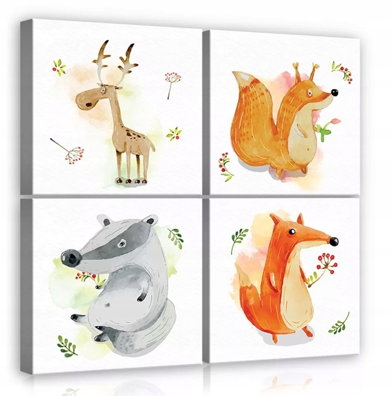 Obraz 50x50 Lesní zvířata akvarel jelen liška veverka ilustrace pro