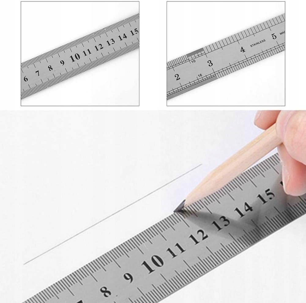 LINIJKA MIARA METALOWA DWUSTRONNA 20 CM / 8 CALI Długość 20 cm