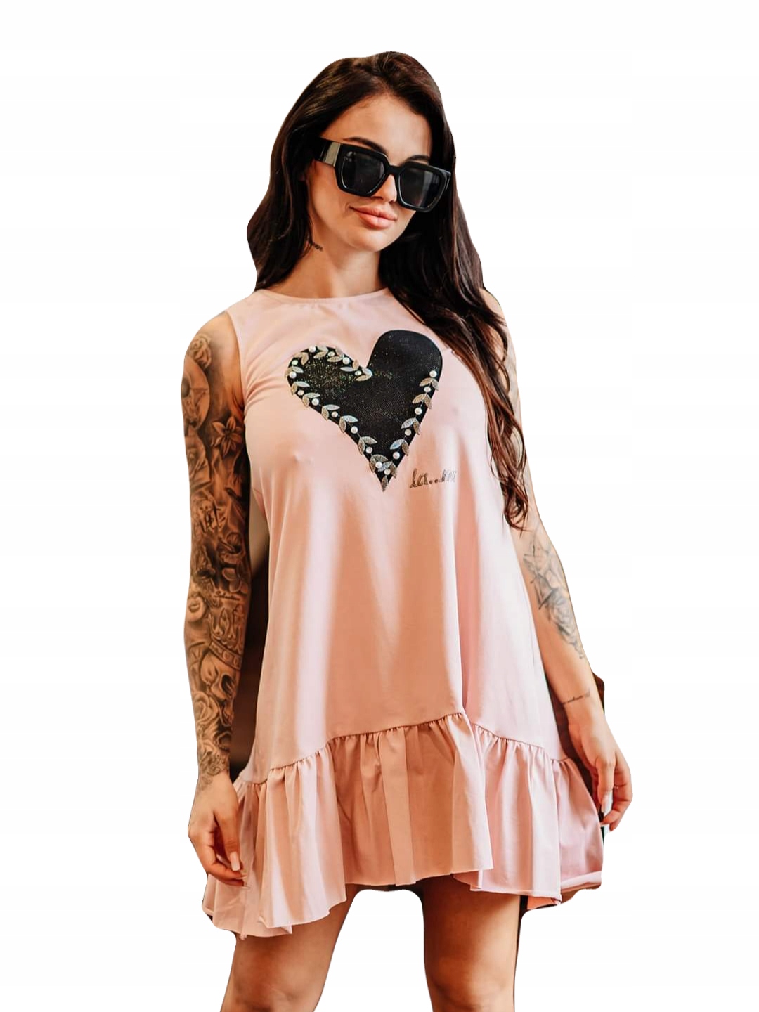 šaty La..mu Heart s volánky, pudrová růžová tělová barva M/L -2