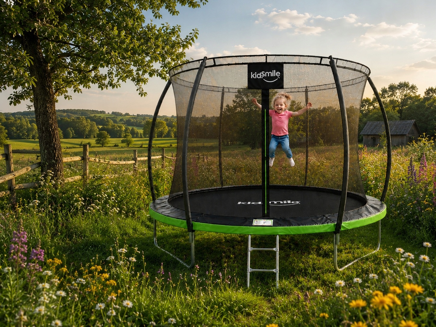 Trampolina ogrodowa z siatką wewnętrzną DZIECI 10FT 312cm drabinka zielona