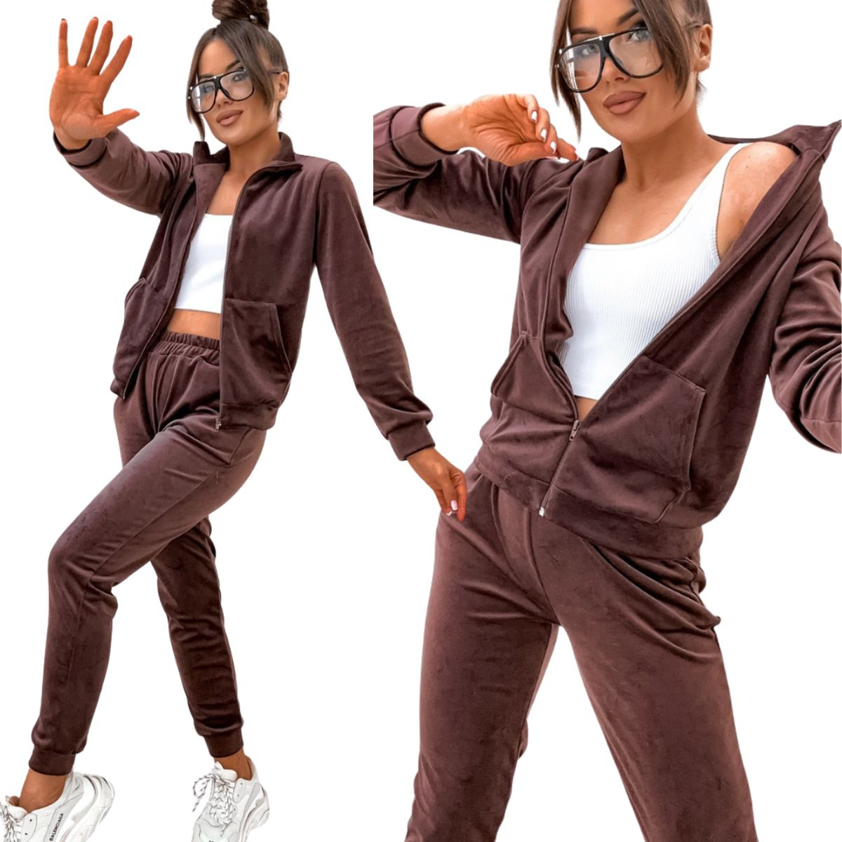 Velurový teplákovka dámský mikina na zip kalhoty Čokoládový model 771 S/m