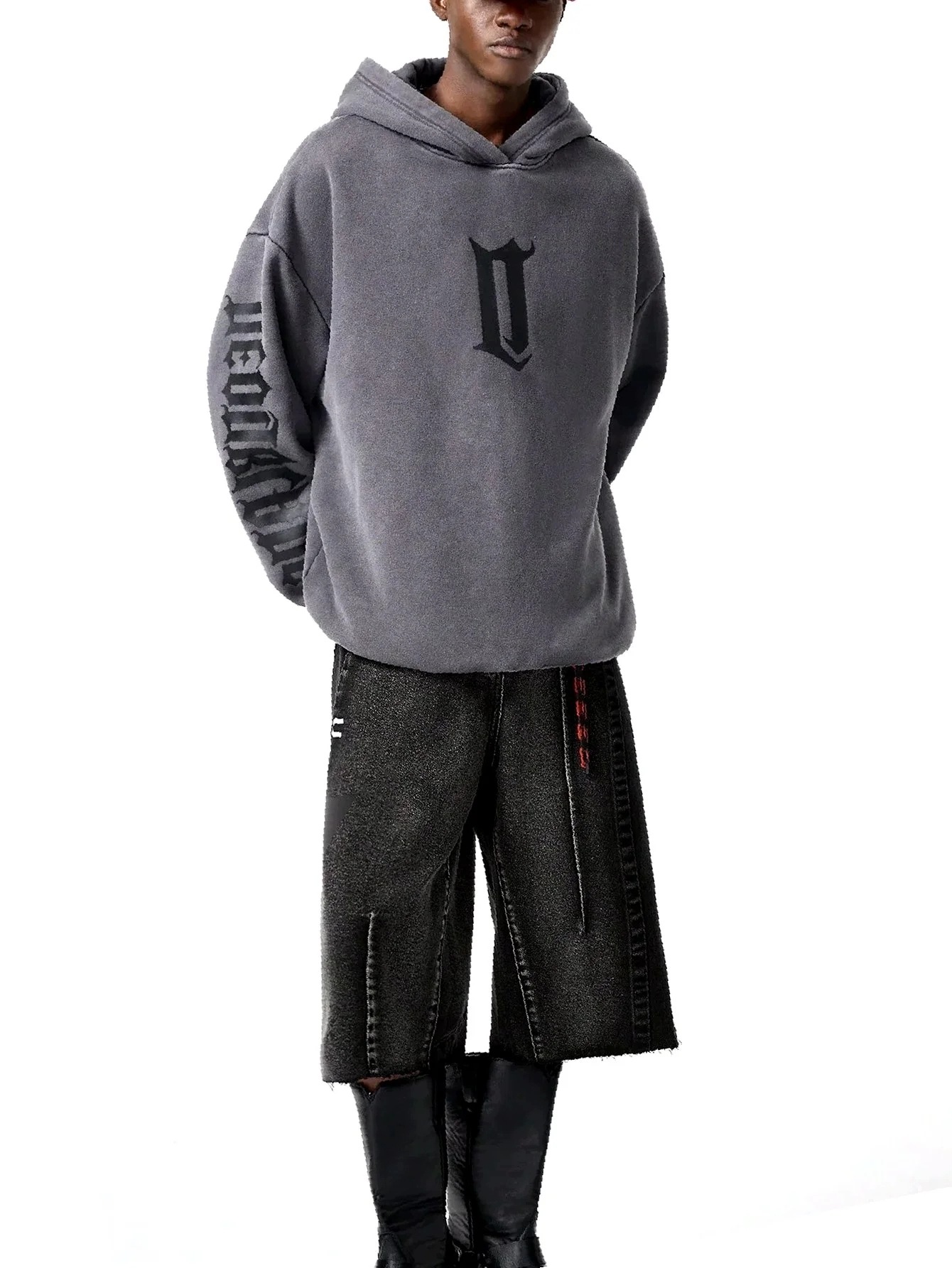 Kraťasy Černé Pánské Wide Leg Sprané Džínové Roztřepené M