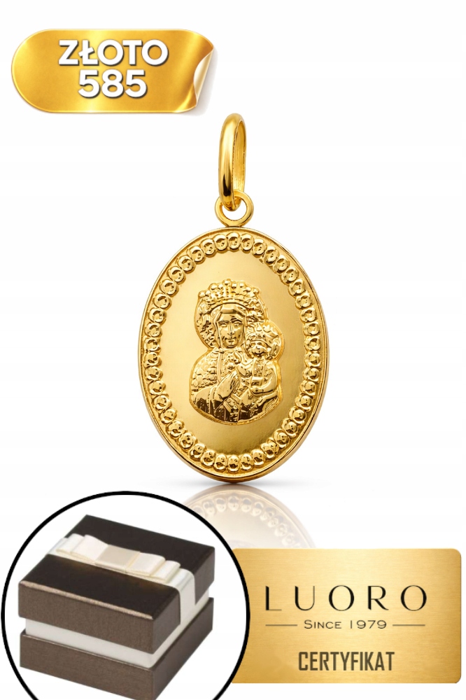 Zlatý Medailon 585 14K Panna Maria Čenstochovská Ozdobný Ovál 20 MM