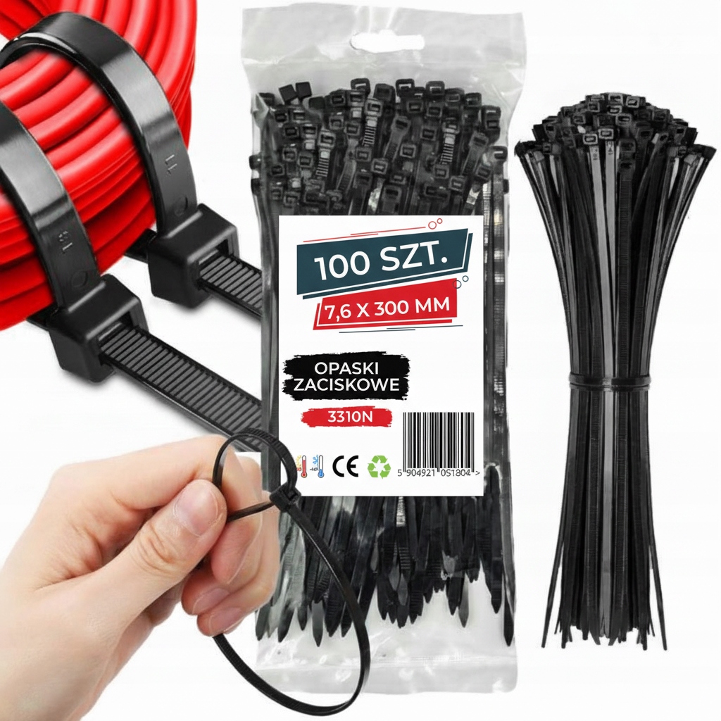 Opaski Zaciskowe 7,6x300mm 100 Szt Czarne Trytytki Kablowe, Mocne Trytki