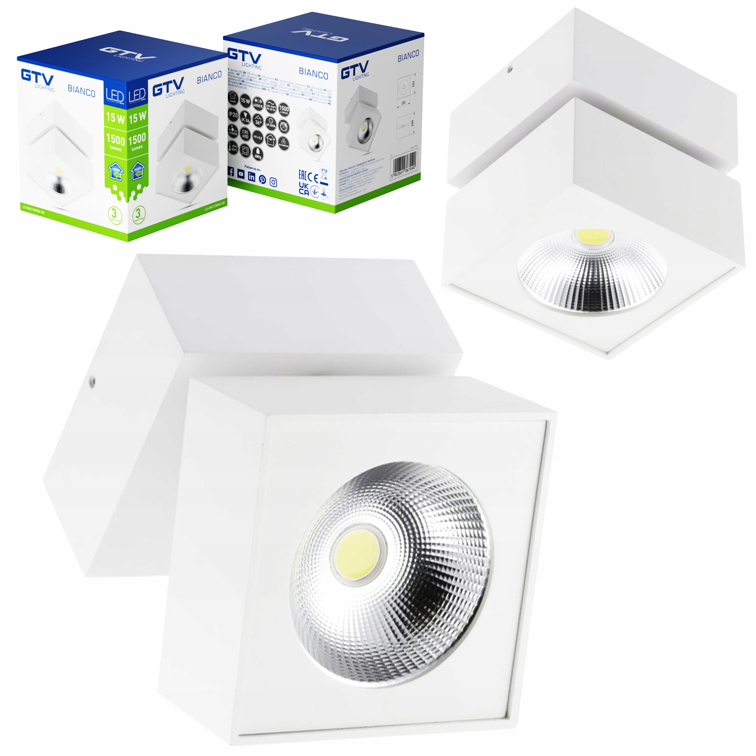 Nástěnná Lampa Stropní Led svítidlo Bianco 15W 1500lm 4000K čtverec bílá