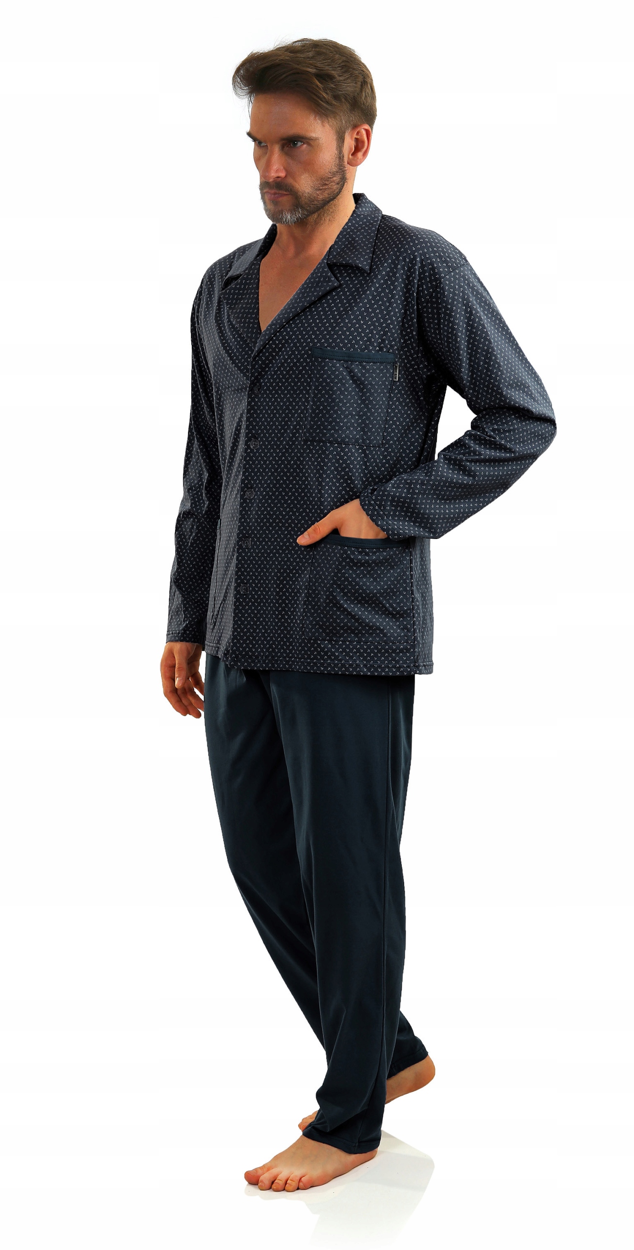 Sesto Senso Pánské rozepínací dlouhé pyžamo bavlna Kotvičky barva Námořnická Modrá 3XL