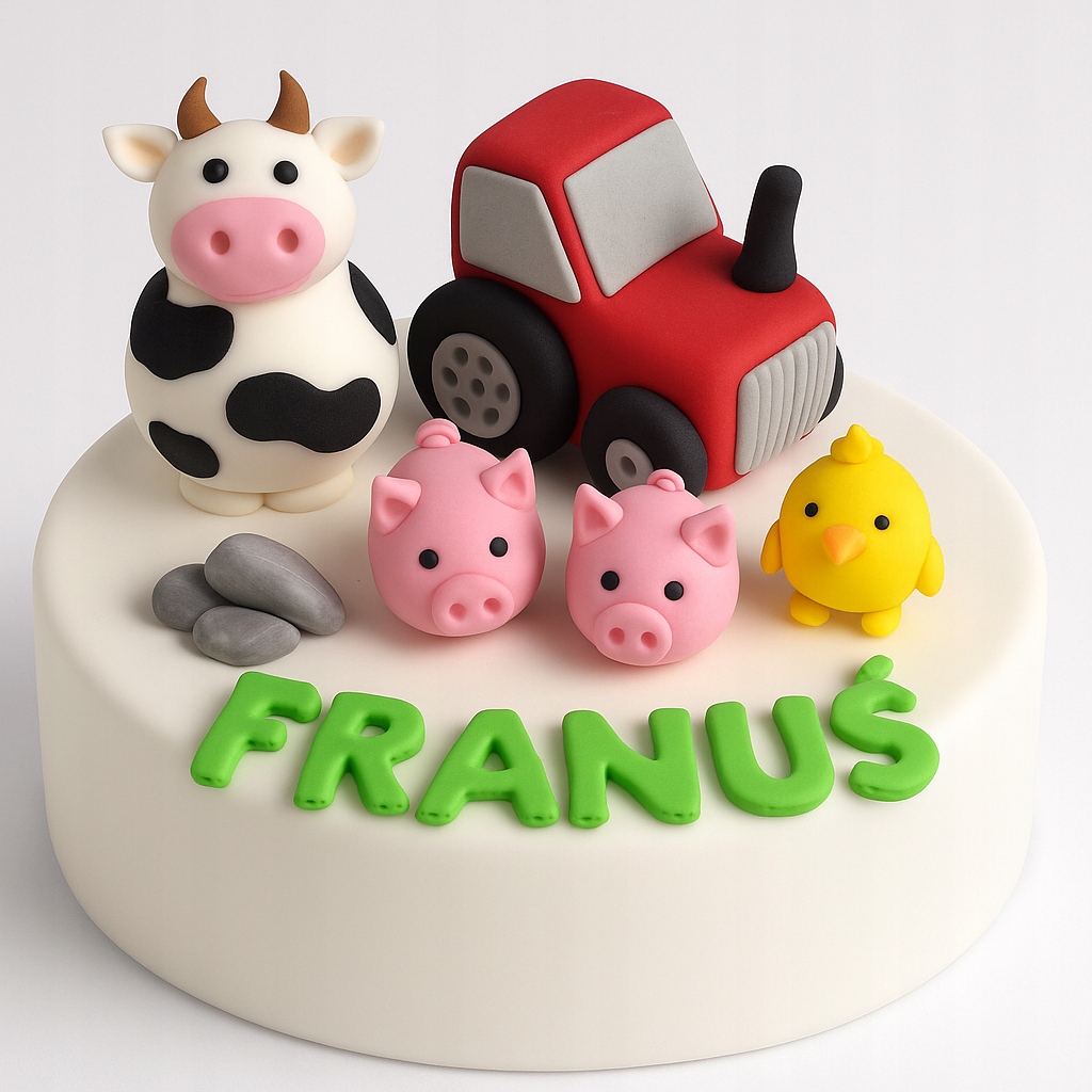 Sada cukrových figurek na dort Farma – kráva, prasátka, traktor, nápis