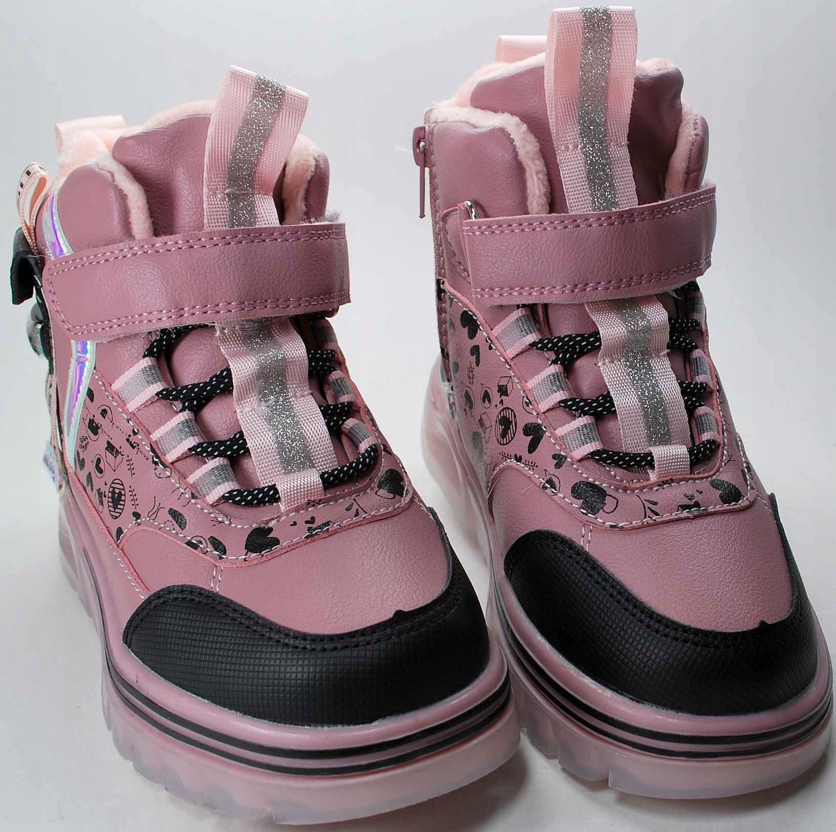 Różowe ocieplane naturalnym futrem kozaki dla dziewczynki zima na rzep 32 Kolor różowy