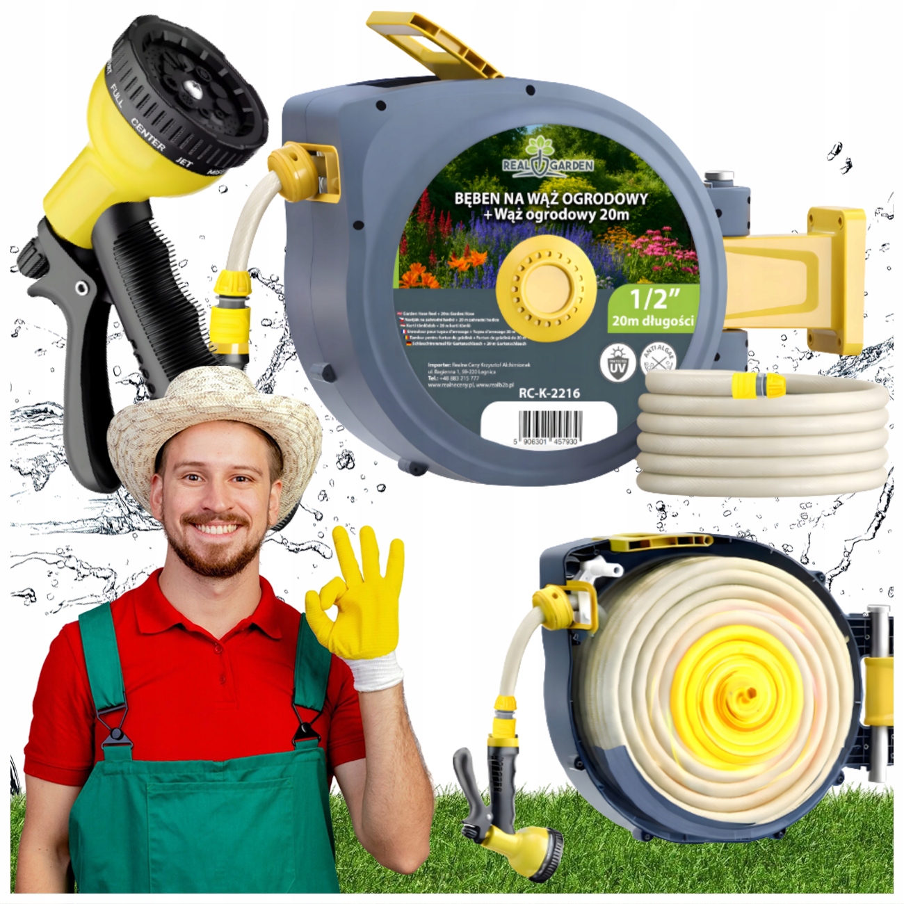 Automatyczny Zwijacz Bęben na Wąż Ogrodowy Naścienny Zwijak 1/2" 20m Zestaw