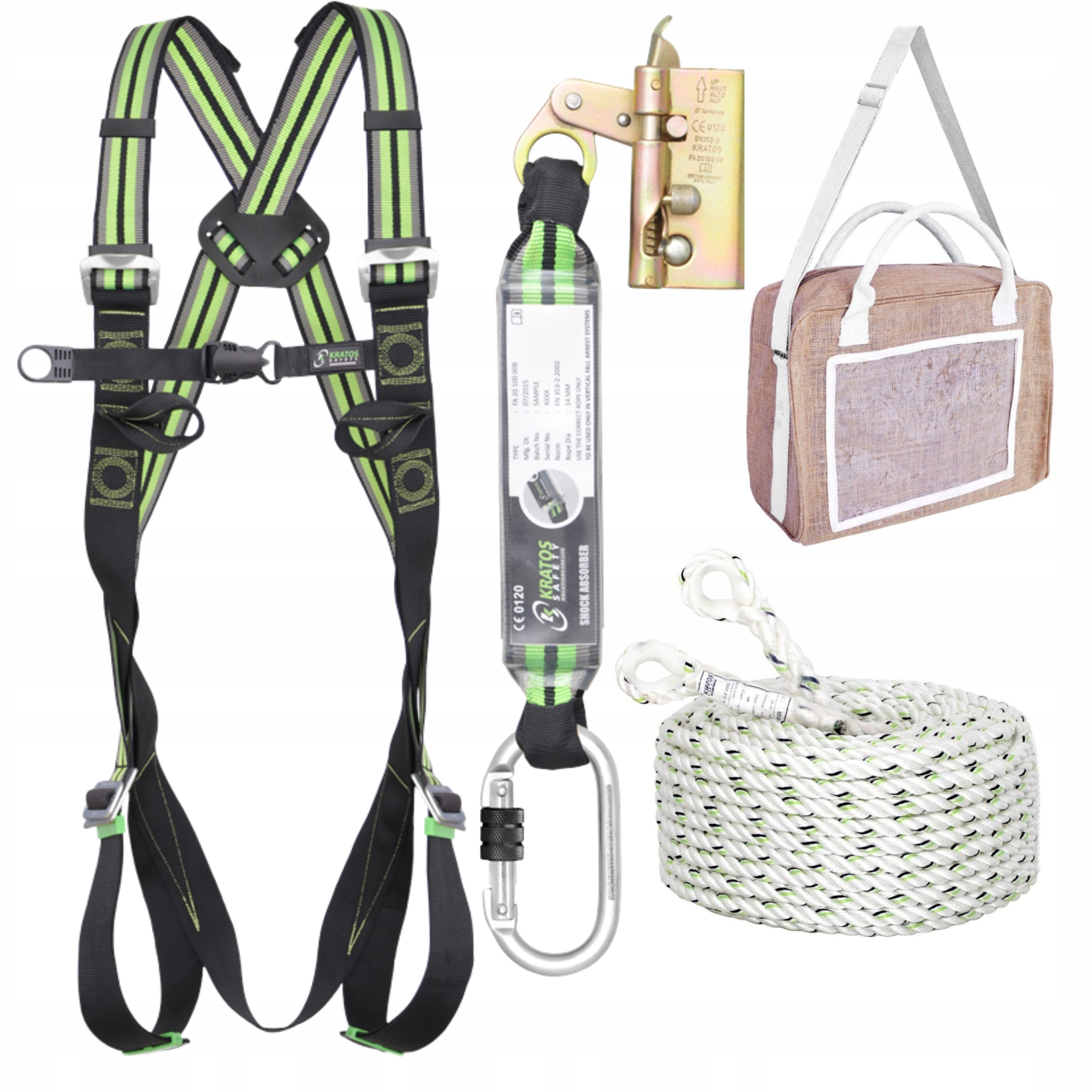 Zestaw asekuracyjny na dach Szelki, Urządzenie zaciskowe , Lina zatrzaśnik