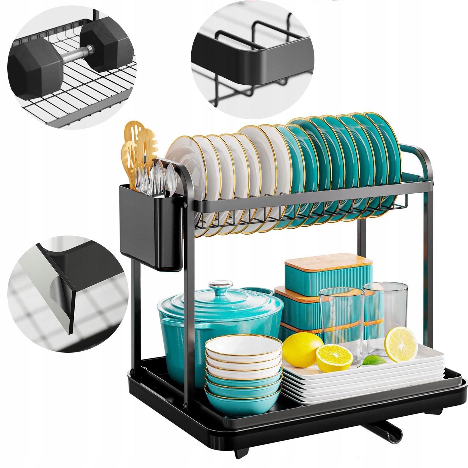 Levně Dvojúrovňový Stojanný Sušič Nádobí S Odkapem Velký Kovový Černý