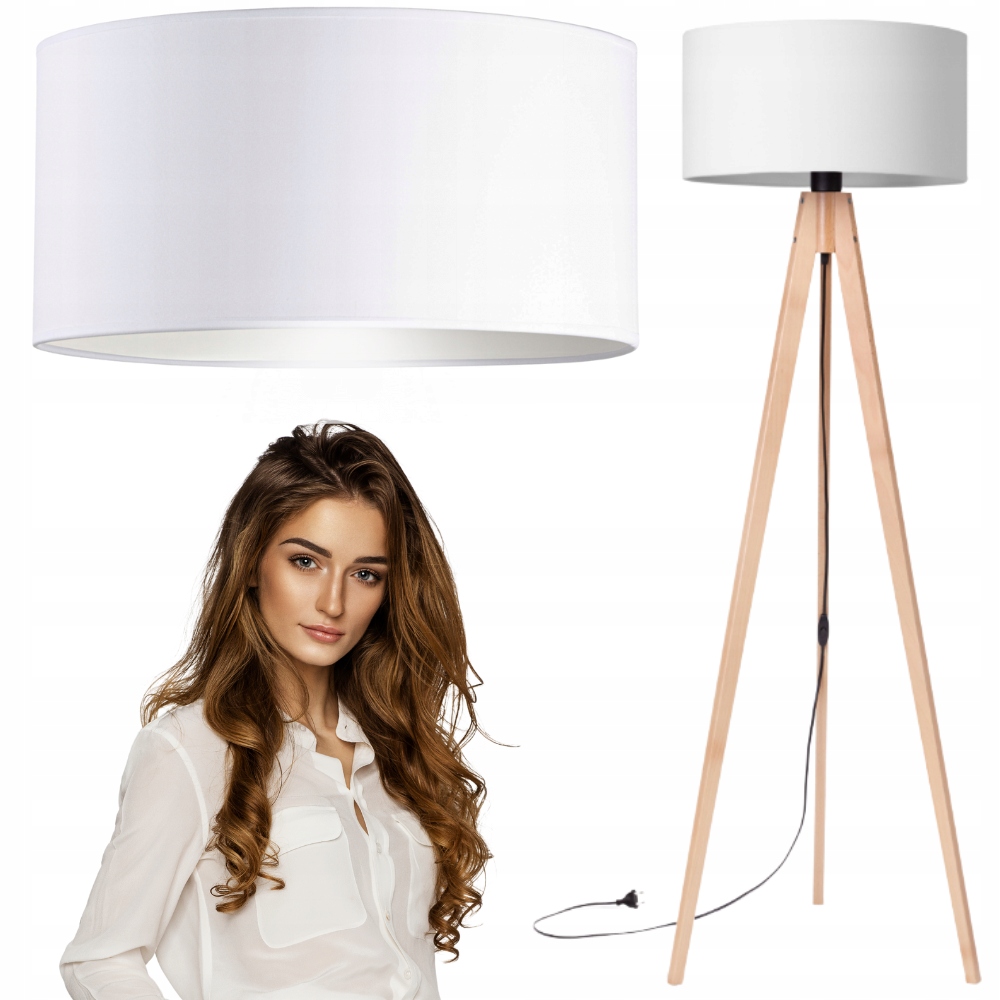 Lampa stojąca podłogowa Trójnóg Drewniany buk Abażur biały