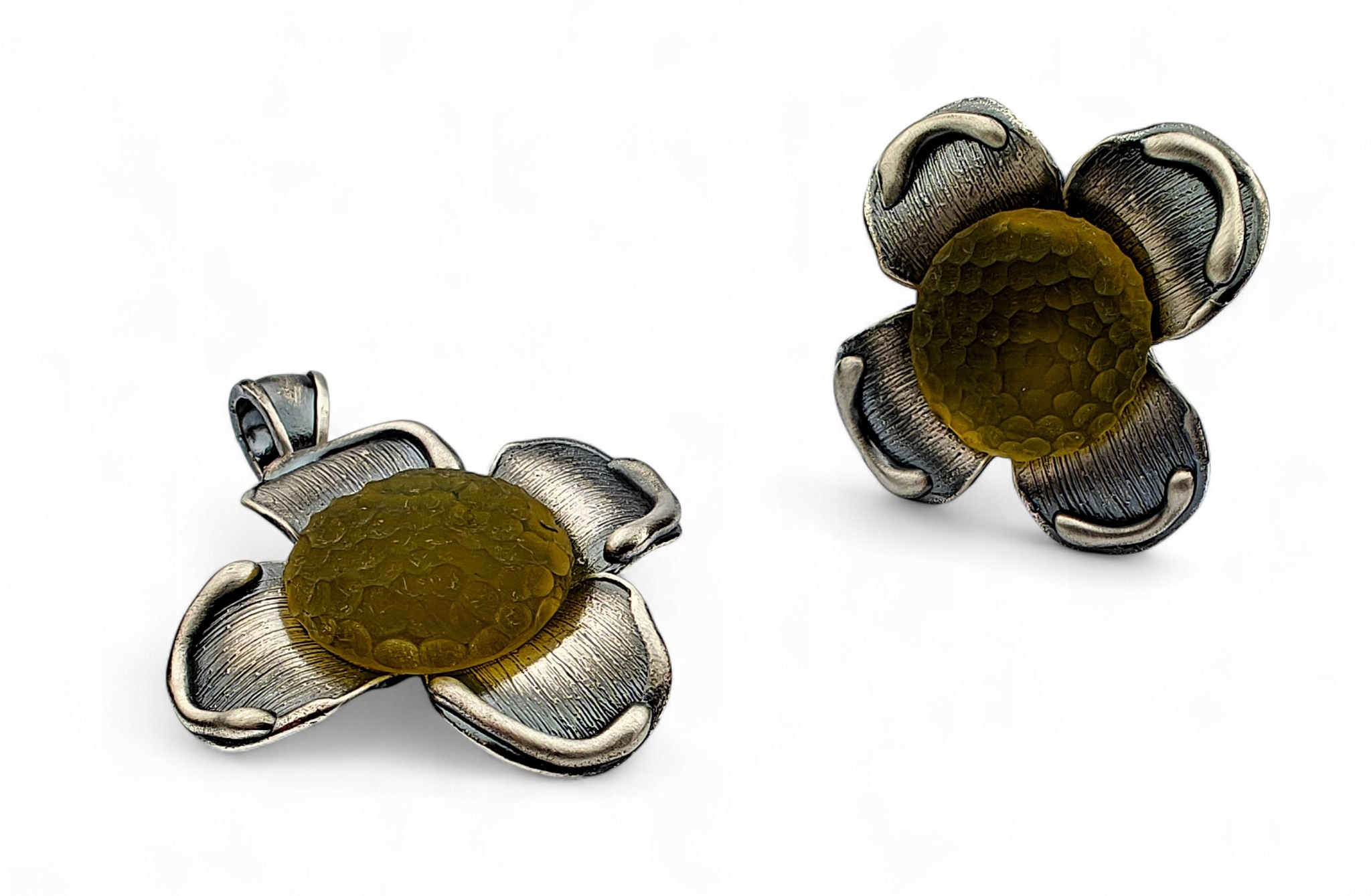 Jedinečná Sada Přívěsek Prsten Květ Stříbro Jantar Ručně Frézovaný